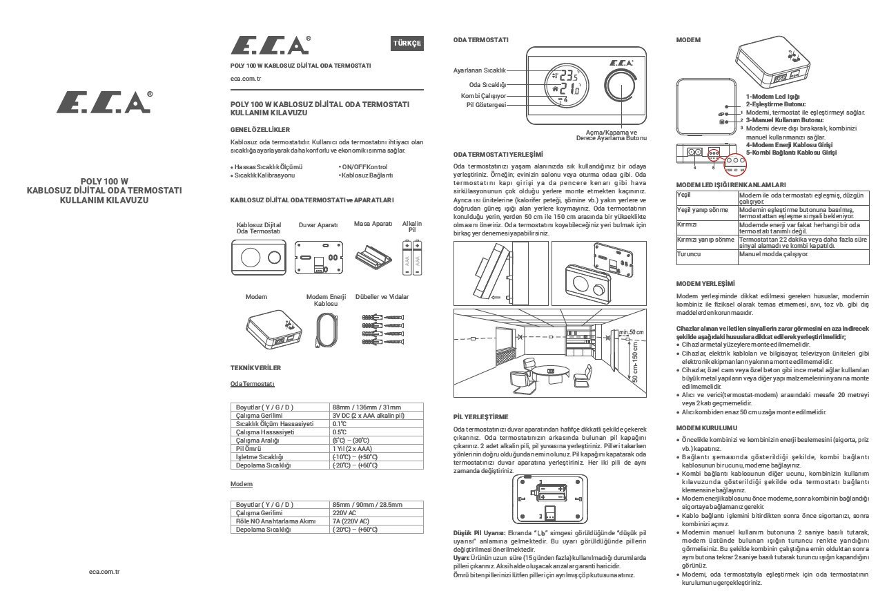 Eca Poly 100W Kablosuz Oda Termostatı Montaj